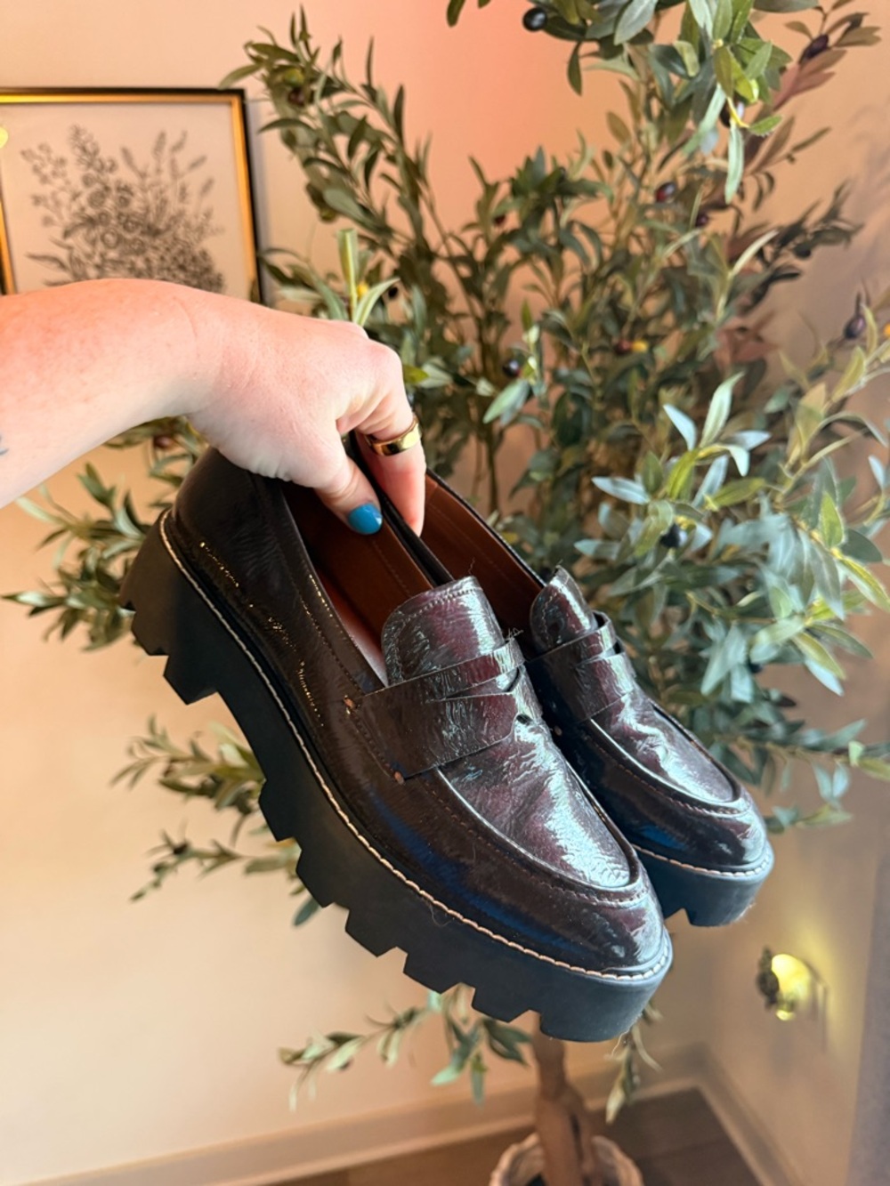 Franco Sarto Women's Glossy Dark Brown Chunky Penny Loafers